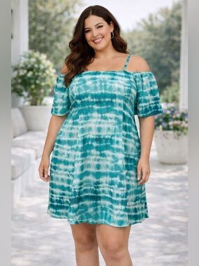 268 Torrid Teal White Tie Dye Cold Shoulder Dress Size 0 Plus Adjustable Straps